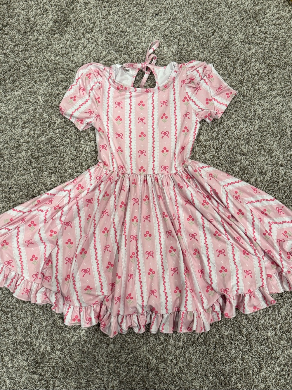 Girls Pink Ribbon & Floral Tiered Dress with Tie Back